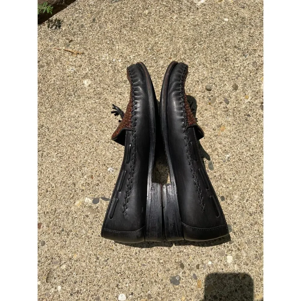 Cole Haan Women's Loafers Sz 8B Brown Woven Black Leather Tassel Round Apron Toe